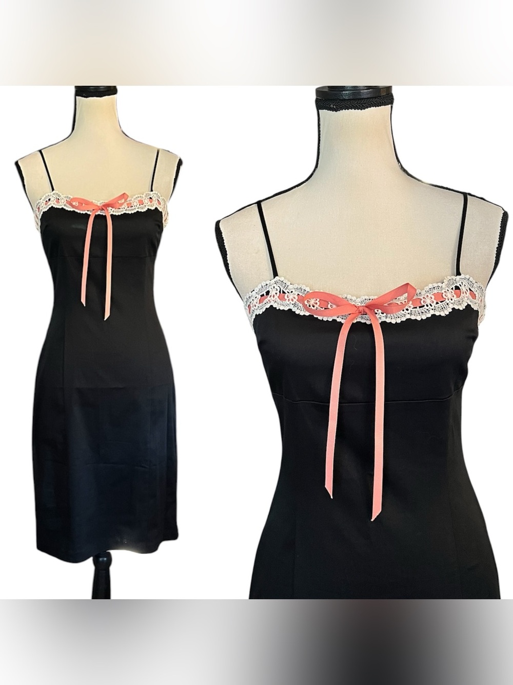 NWT Vintage Betsey Johnson New York Black w/ White Lace Pink Ribbon Pencil Dress